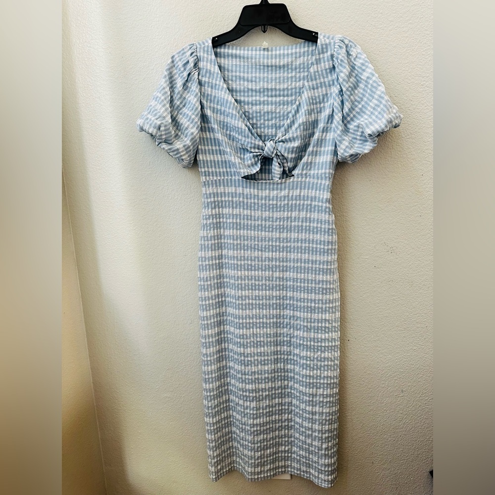 URBAN OUTFITTERS blue white gingham fitted bodycon midi dress womens S